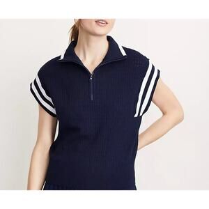 Lou & Grey Women's Tipped Sporty Mesh Zip Sweater Cap Sleeve Navy Blue Size S